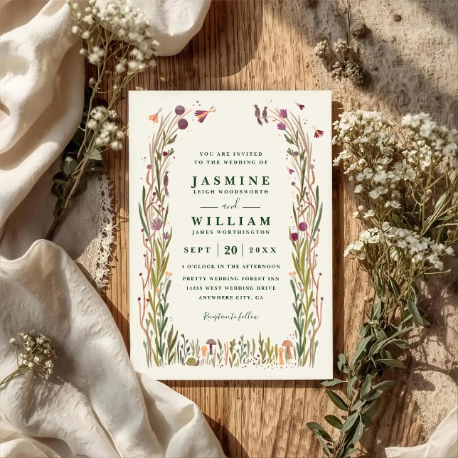 Boho Wildflowers Mushroom Magic QR Code Wedding Inbjudningar (Skapare uppladdad)