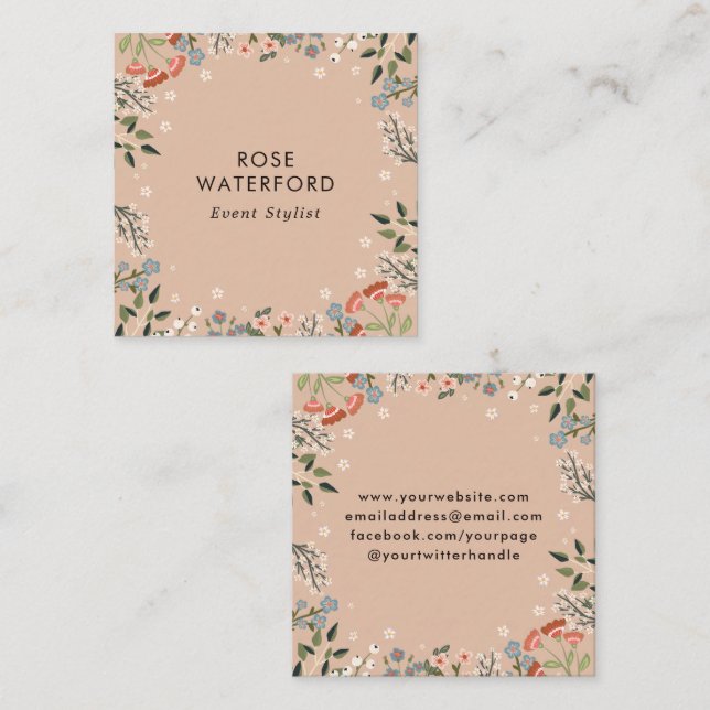 Boho Wildflowers - Neutral Boho Färgpalett Fyrkantigt Visitkort (Fram/baksida)
