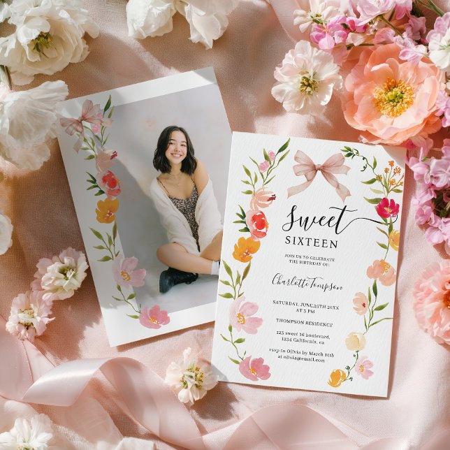 Boho Wildflowers Pink Coquette Bow Photo Sweet 16 Inbjudningar (Boho Wildflowers Pink Coquette Bow Photo Sweet 16 Invitation)