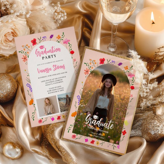 Boho wildflowers Pink Garden photos graduation Inbjudningar (Boho wildflowers Pink Garden photos graduation Invitation)