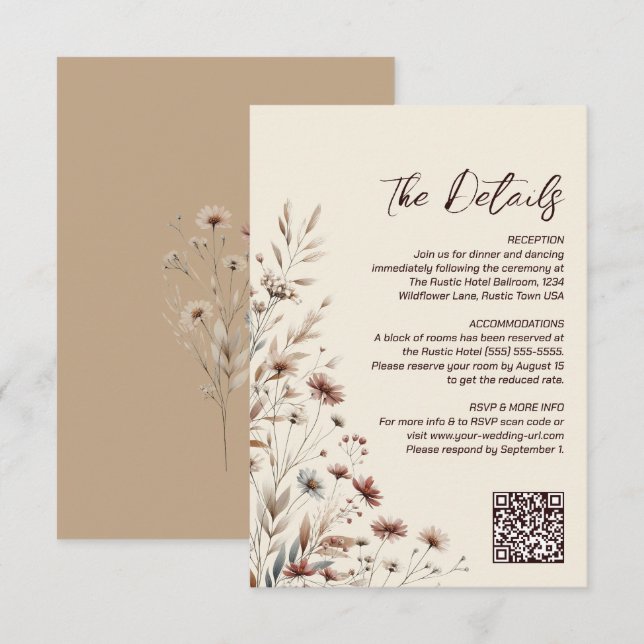 Boho Wildflowers QR-kod Bröllopsdetaljer Små Tilläggskort (Fram/baksida)
