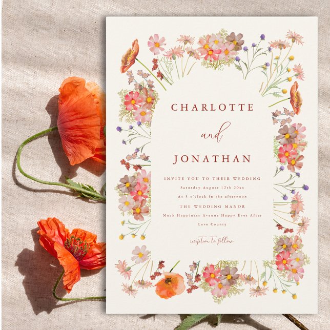 Boho Wildlower Fall Wedding Inbjudningar (Modern wildflower wedding invitation with floral watercolor arch)