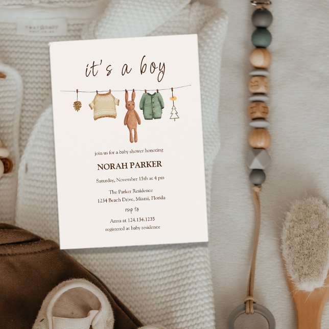 Boho Winter Boy Clothes Baby Shower Inbjudningar (Boho Winter Boy Clothes Baby Shower Invitation)