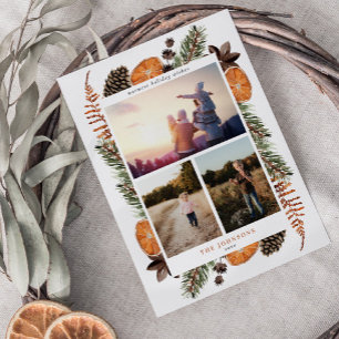 Boho Winter Citrus Botanical 3 Photo Helgdag Card Julkort
