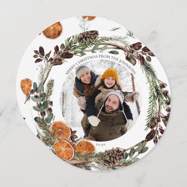 Boho Winter Citrus Round Photo Helgdag Card Julkort (Fram/baksida)