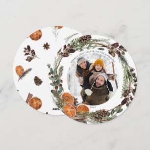 Boho Winter Citrus Round Photo Helgdag Card Julkort