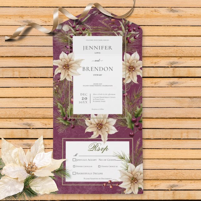 Boho Winter Greenery Boughs Burgundy Dinner (Also available with a QR code or without dinner selection options.)