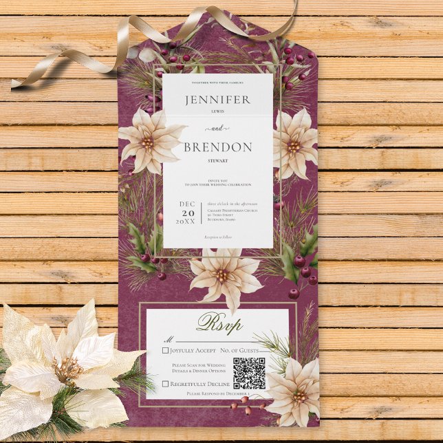 Boho Winter Greenery Boughs Burgundy No Middag (Also available with a QR code or with dinner selection options.)