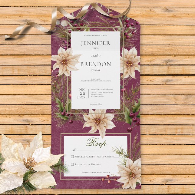 Boho Winter Greenery Boughs Burgundy QR-kod (Also available without a QR code; with or without dinner selection options.)