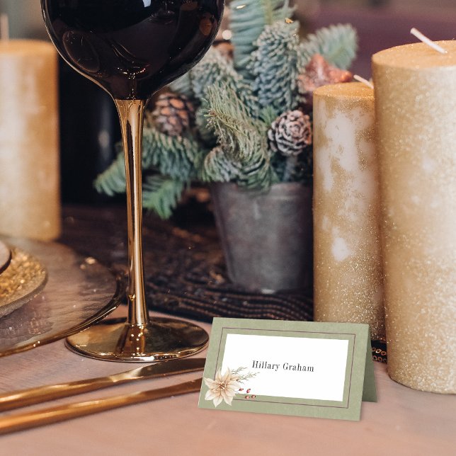 Boho Winter Greenery Boughs Sage Grönt Foldad Placeringskort (Skapare uppladdad)