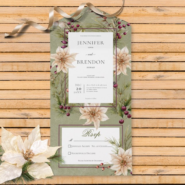 Boho Winter Greenery Boughs Sage Grönt No Middag (Also available with a QR code, or with dinner selection options.)