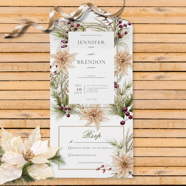 Boho Winter Greenery Boughs White No Middag (Also available with a QR code or with dinner selection options.)