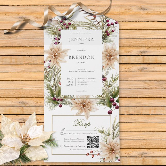 Boho Winter Greenery Boughs White QR Code (Also available without a QR code; with or without dinner selection options.)