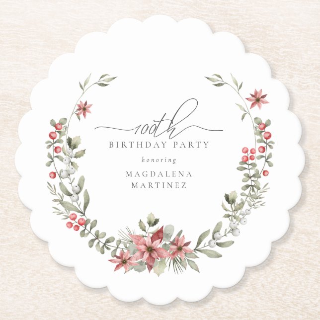 Boho Winter Greenery Red Blommigt 100 Birthday Underlägg Papper (Framsida)