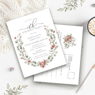 Boho Winter Greenery Red Blommigt 19:e födelsedage Inbjudan Vykort