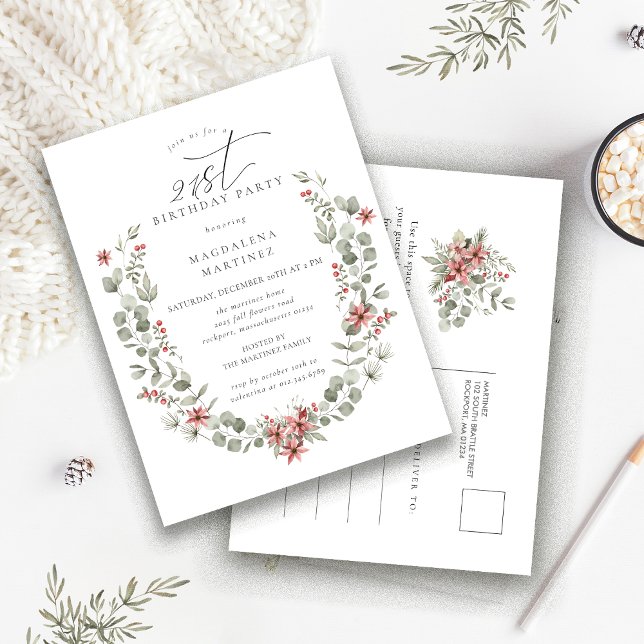 Boho Winter Greenery Red Blommigt 21:a födelsedage Inbjudan Vykort (Skapare uppladdad)