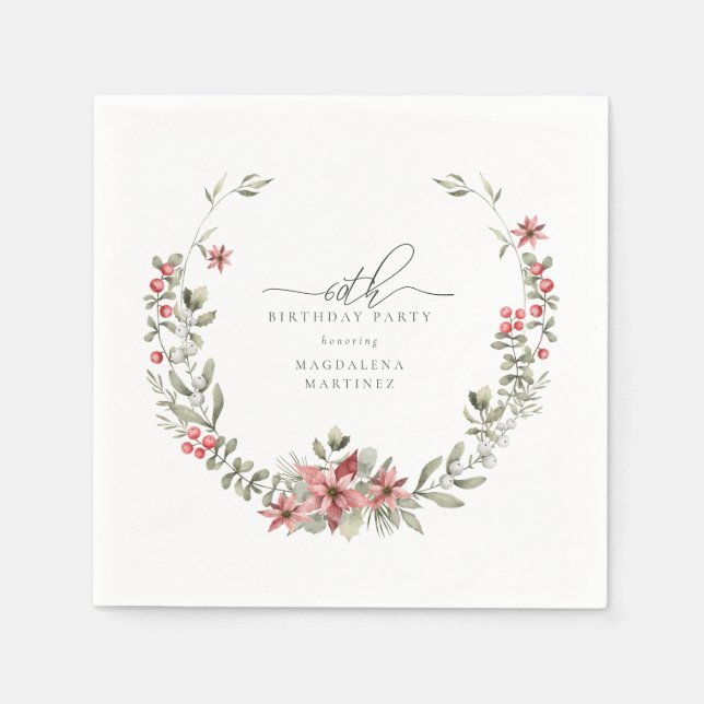 Boho Winter Greenery Red Blommigt 60:e födelsedage Pappersservett (Framsidan)
