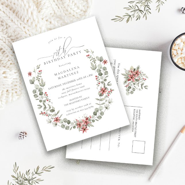 Boho Winter Greenery Red Blommigt 70:e födelsedage Inbjudan Vykort (Skapare uppladdad)