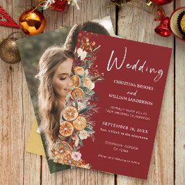 Boho Winter Helgdag Bröllop Burgundy Photo Inbjudningar