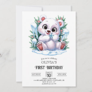 Boho Winter Polar Bear 1:a födelsedag Digital Inbjudningar