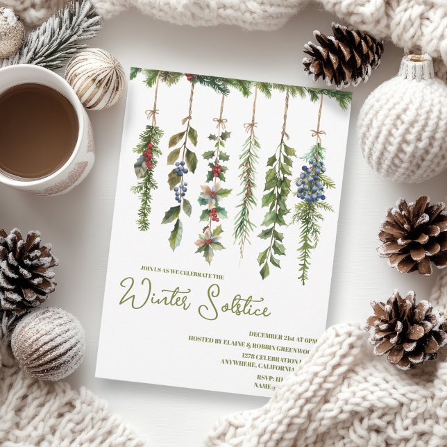 Boho Winter Solstice Herb Greenery Yule Garland Inbjudningar (Boho Winter Solstice Hanging Herbs and Greenery Yule Garland Invitation)