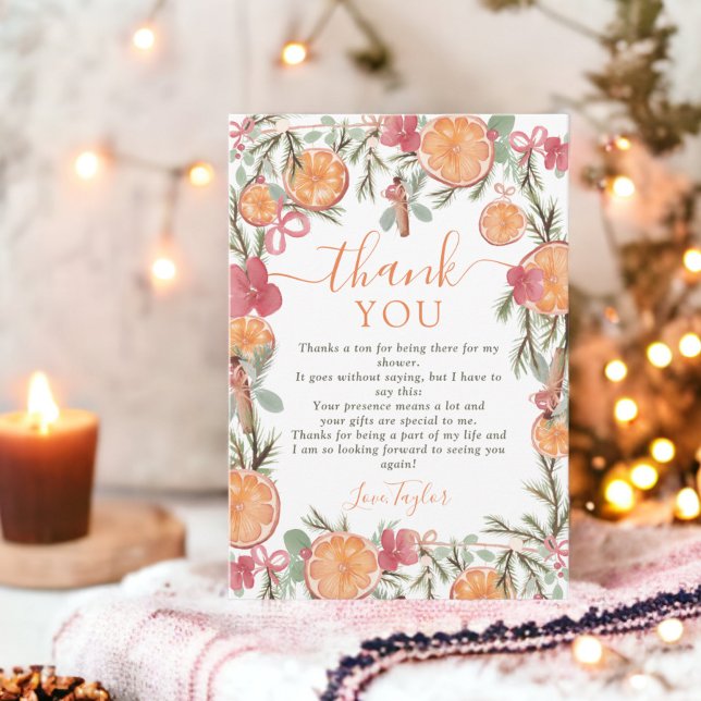 Boho Winter Torkad Citrus Blommigt Möhippa Tack Kort (Boho Winter Dried Citrus Floral Bridal shower Thank You Card)