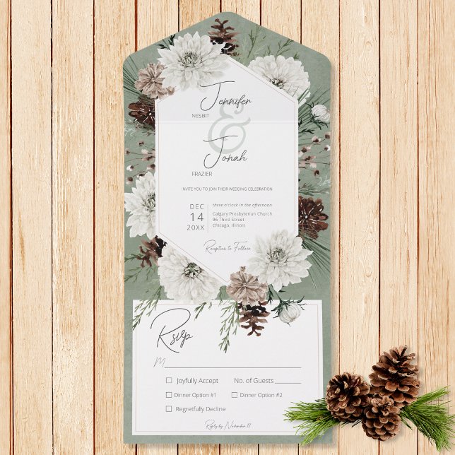 Boho Winter White Blommigt & Gräs Grönt Middag (Also available with a QR code or with dinner selection options.)