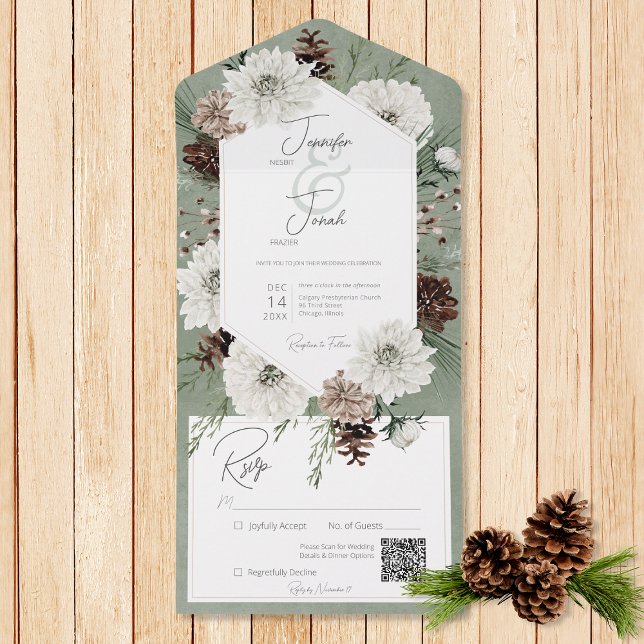 Boho Winter White Blommigt & Gräs Grönt QR-kod (Also available without a QR code; with or without dinner selection options.)