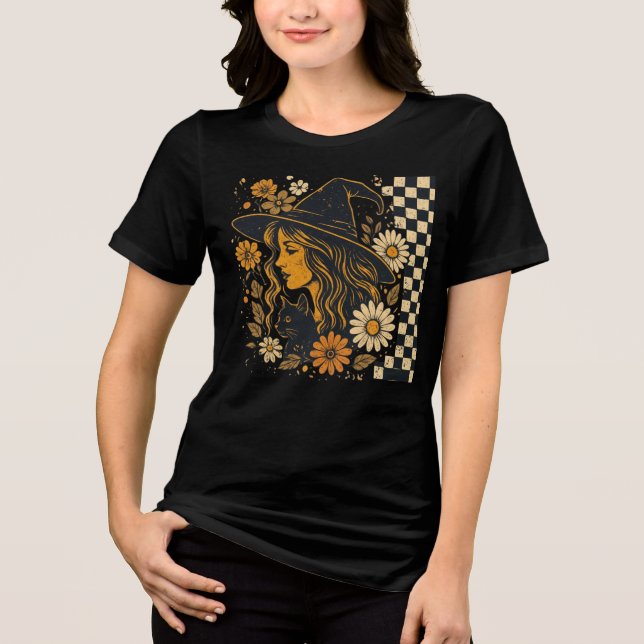 Boho Witch Cat Solros Halloween Mörk T-Shirt (Framsida)