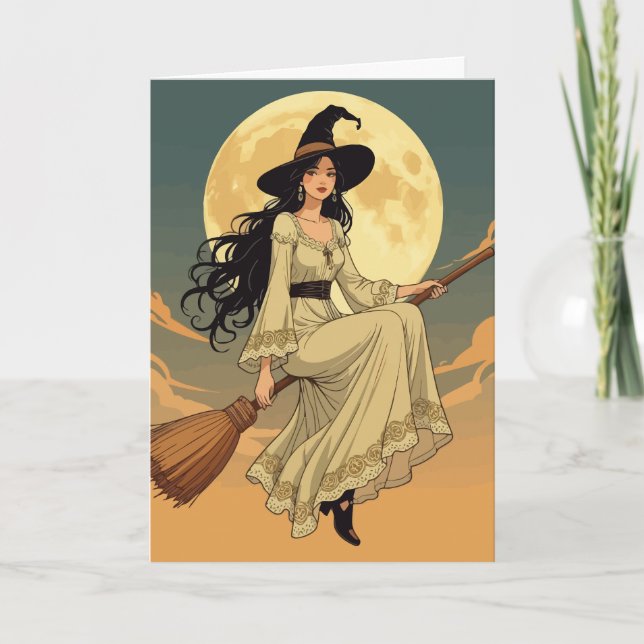 Boho Witchy Woman Astride A Besom Vector Art Helgkort (Framsida)