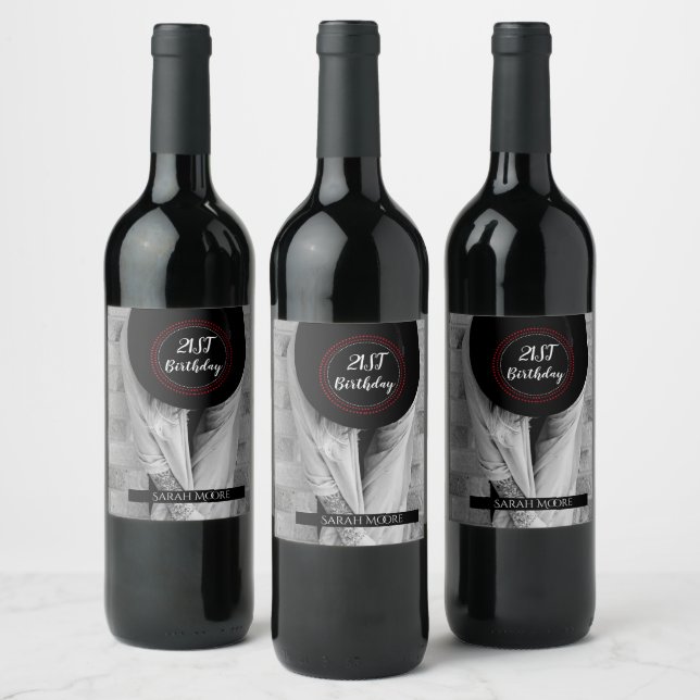 Boho Woman 21:a födelsedagsfoto Anpassningsbar Vinflaska Etikett (Flaskor)