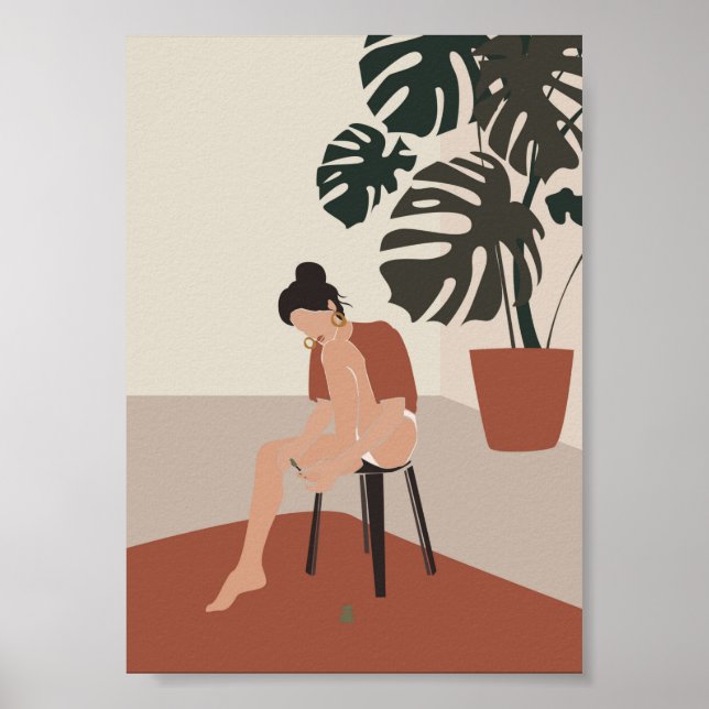 Boho Woman och Monstera Plants, sommaren Mode Poster (Framsidan)