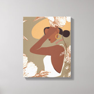 Boho Woman with Neutral Aesthetic Floral Line Art Canvastryck