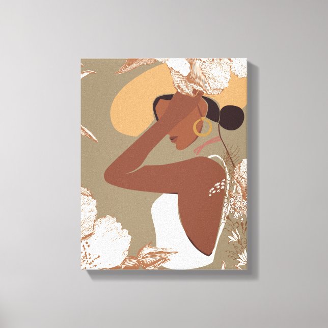 Boho Woman with Neutral Aesthetic Floral Line Art Canvastryck (Framsida)