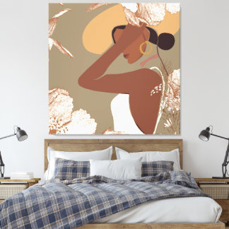 Boho Woman with Neutral Aesthetic Floral Line Art Canvastryck