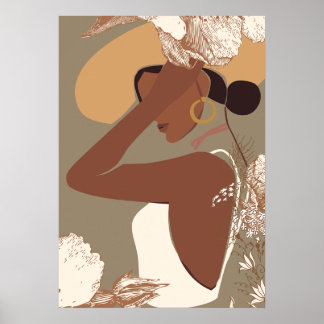 Boho Woman with Neutral Aesthetic Floral Line Art Poster