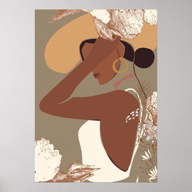 Boho Woman with Neutral Aesthetic Floral Line Art Poster (Framsidan)