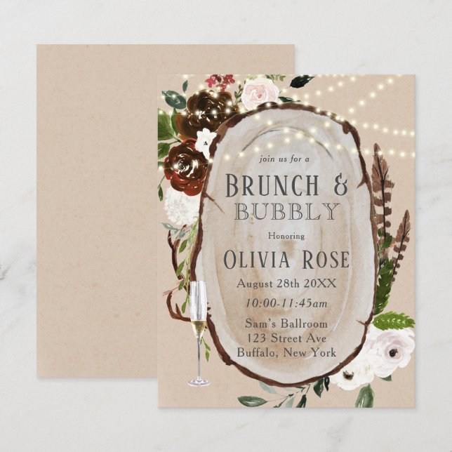 Boho Wood Slice Marsala Brunch & Bubbly-inbjudan Inbjudningar (Fram/baksida)