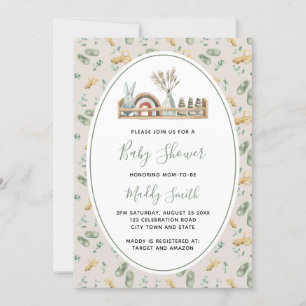 Boho Wooden Toys Grönt Rainbow Baby Shower Inbjudningar