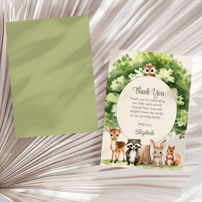 Boho Woodland Animals Baby Shower Tack för kortet Kort (Boho Woodland Animals Baby Shower Thank You Card on a sunny neutral dry palm leaf.)