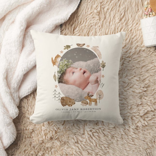 Boho Woodland Animals Baby Stats Photo Kudde (Filt)