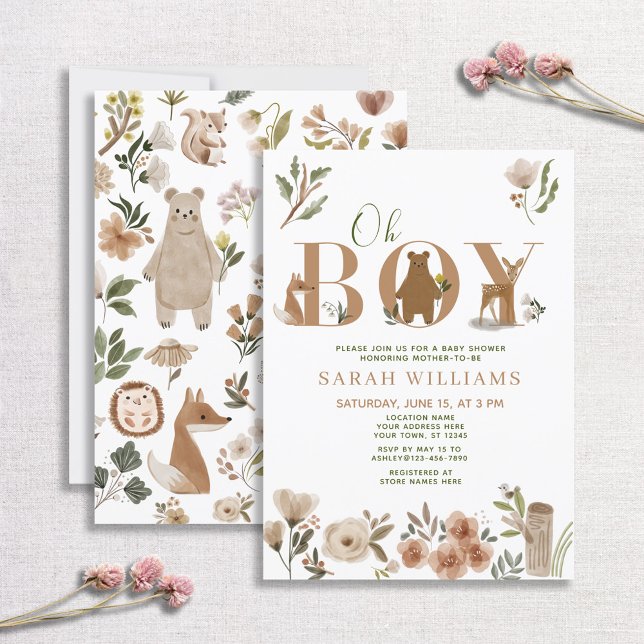 Boho Woodland Animals Brown Oh Boy Baby Shower Inbjudningar (Skapare uppladdad)