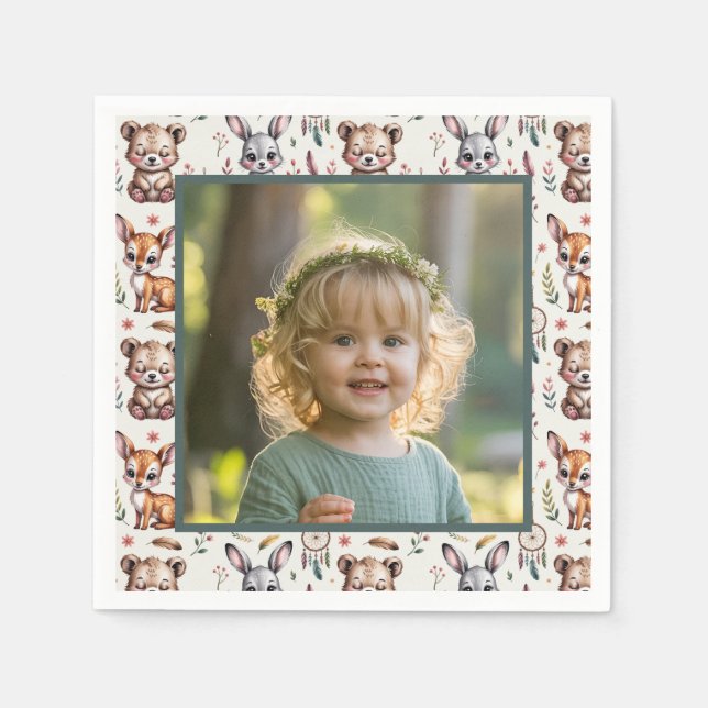 Boho Woodland Animals Kids Birthday Photo Pappersservett (Framsidan)
