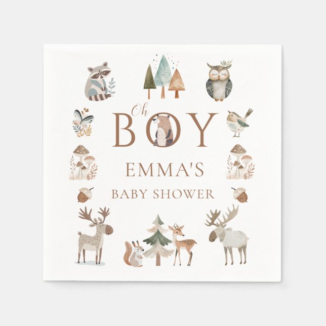 Boho Woodland Animals Oh Boy Baby Shower Pappersservett (Framsidan)