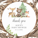 Boho Woodland Animals Tack Baby Shower Runt Klistermärke<br><div class="desc">Späda små trädsdjur med björn,  hjort,  räv,  mårkoon,  uggla och fjäril.</div>