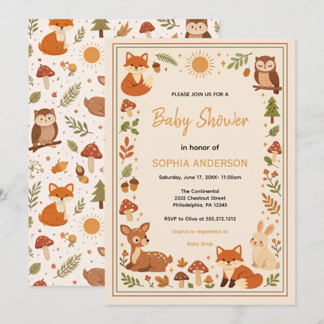 Boho Woodland Baby Shower | Rustic Forest Animals Inbjudningar (Fram/baksida)
