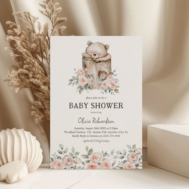 Boho Woodland Bear & Blommigt Baby Shower Inbjudningar (Skapare uppladdad)