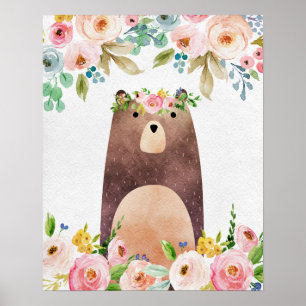 Boho Woodland Bear Nursery Poster Art Wall Print
