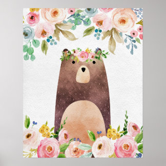 Boho Woodland Bear Nursery Poster Art Wall Print