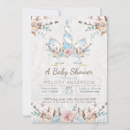 BOHO Woodland Blommigt Unicorn Baby Shower Blue Inbjudningar